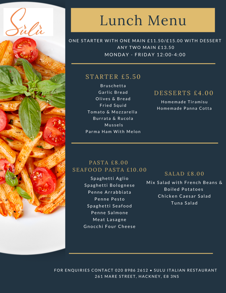 Lunch Menu – Welcome to your local Italian restaurant